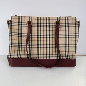 Burberry Nova Check Tote Bag Beige Black Burgundy Plaid Authentic ISSUES READ